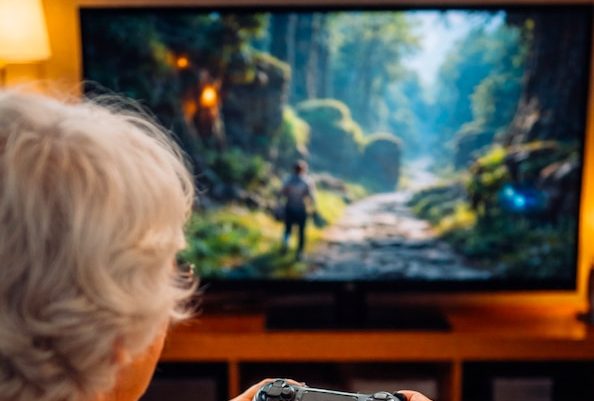 91χρονη γυναίκα παίζει βιντεοπαιχνίδι στο σαλόνι της, αγνοώντας την αστυνομία.