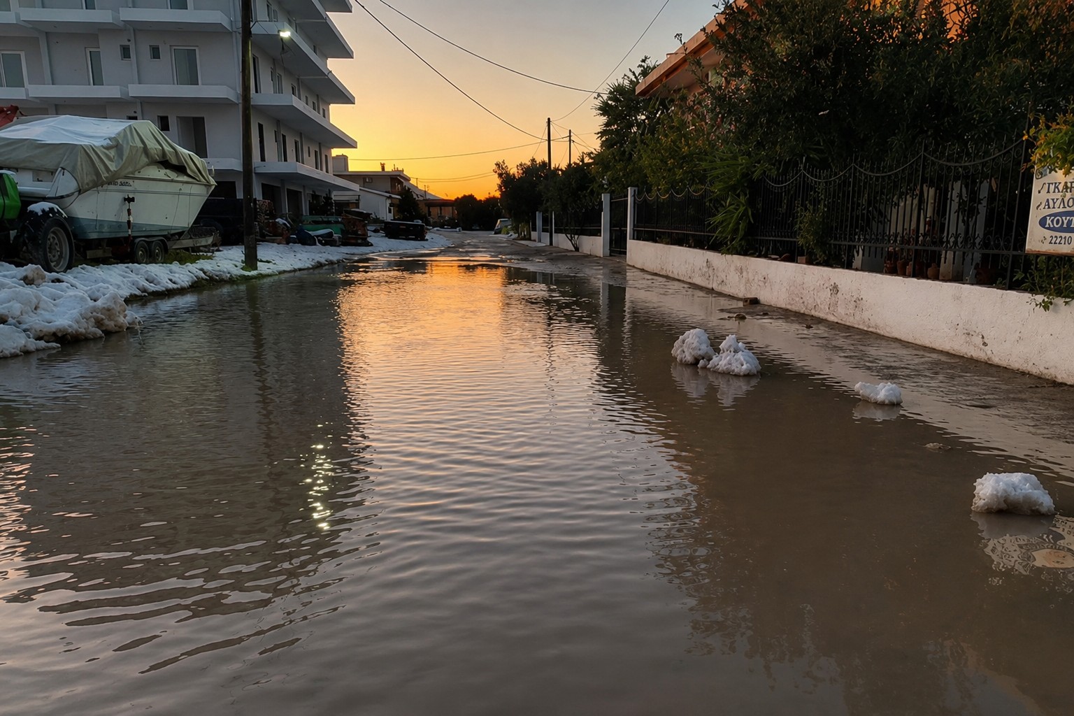 Δρόμος κατοικημένης περιοχής γεμάτος νερό μετά από μεσογειακή καταιγίδα, κτίρια και αυτοκίνητα εκτεθειμένα στους κινδύνους του κλίματος